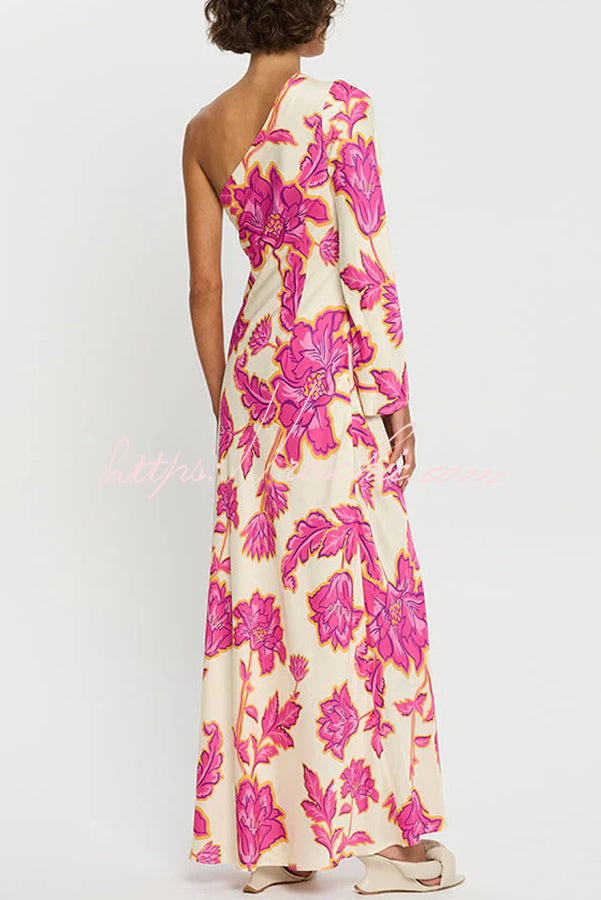 Rhia Satin Print One Shoulder Flared Maxi Dress