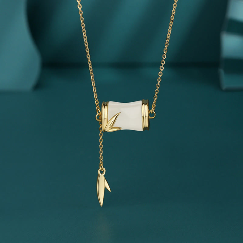 Buddha Stones 925 Sterling Silver 22k Gold Hetian White Jade Bamboo Leaf Luck Necklace Pendant Bracelet