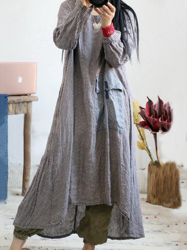 Loose Linen Plaid Round-neck Long Dress