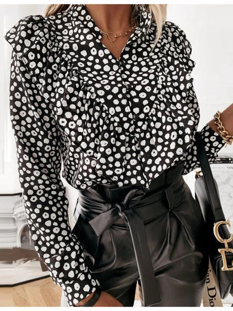 Leopard Dot Print Ruffle Blouse Shirt Autumn Winter Long Sleeve Shirts Office Lady V-neck Button Tops Blusa