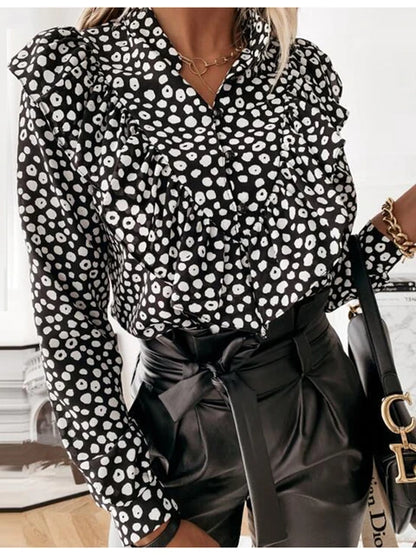Leopard Dot Print Ruffle Blouse Shirt Autumn Winter Long Sleeve Shirts Office Lady V-neck Button Tops Blusa