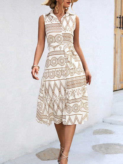Sleeveless Buttoned Printed Tied Waist Lapel Collar Midi Dresses