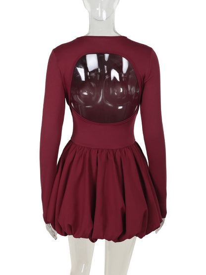 Long Sleeves Skinny Pleated Color Split-joint Round-neck Mini Dresses