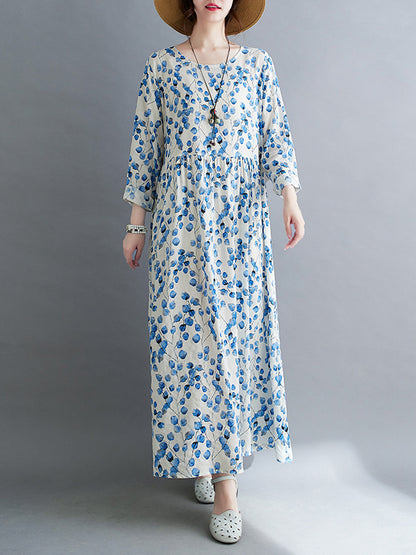 Long Sleeves Loose Flower Print Split-joint Round-neck Midi Dresses