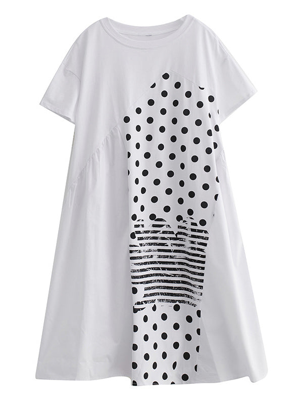 Irregularity Oversize Printed Striped Polka-dot Split-joint Round-neck Midi Dresses