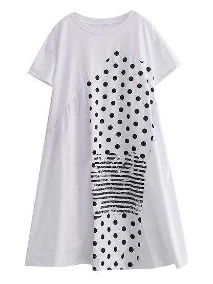 Irregularity Oversize Printed Striped Polka-dot Split-joint Round-neck Midi Dresses