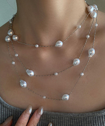 Fine White Asymmetry Pearl Copper Long Sweater Necklace