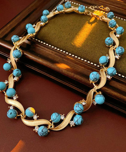 Blue Turquoise Alloy Zircon Gratuated Bead Necklace