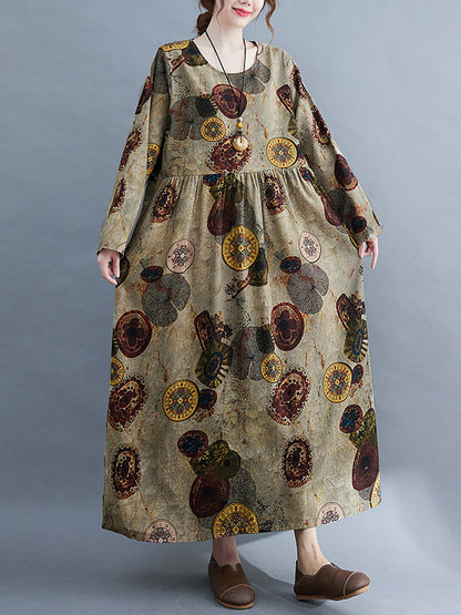 Artistic Retro Loose Long Sleeves Printed Round-neck Maxi Dresses
