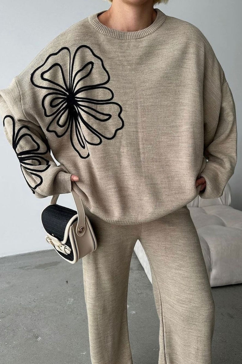 Round Neck Knit Sweater With Pants Two Piece Set