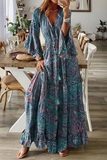 V-neck Loose Peris Print Vacation Long Sleeve Maxi Dress