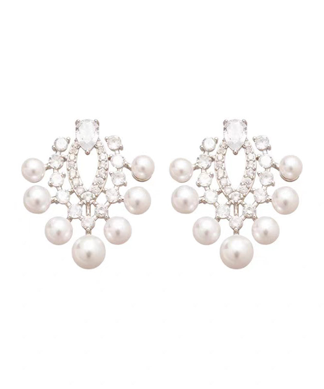 White Copper Zircon Pearl Stud Earrings