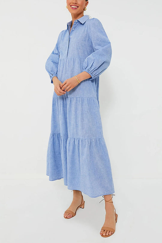 Color Lapel Elastic Cuffs Loose Maxi Dress
