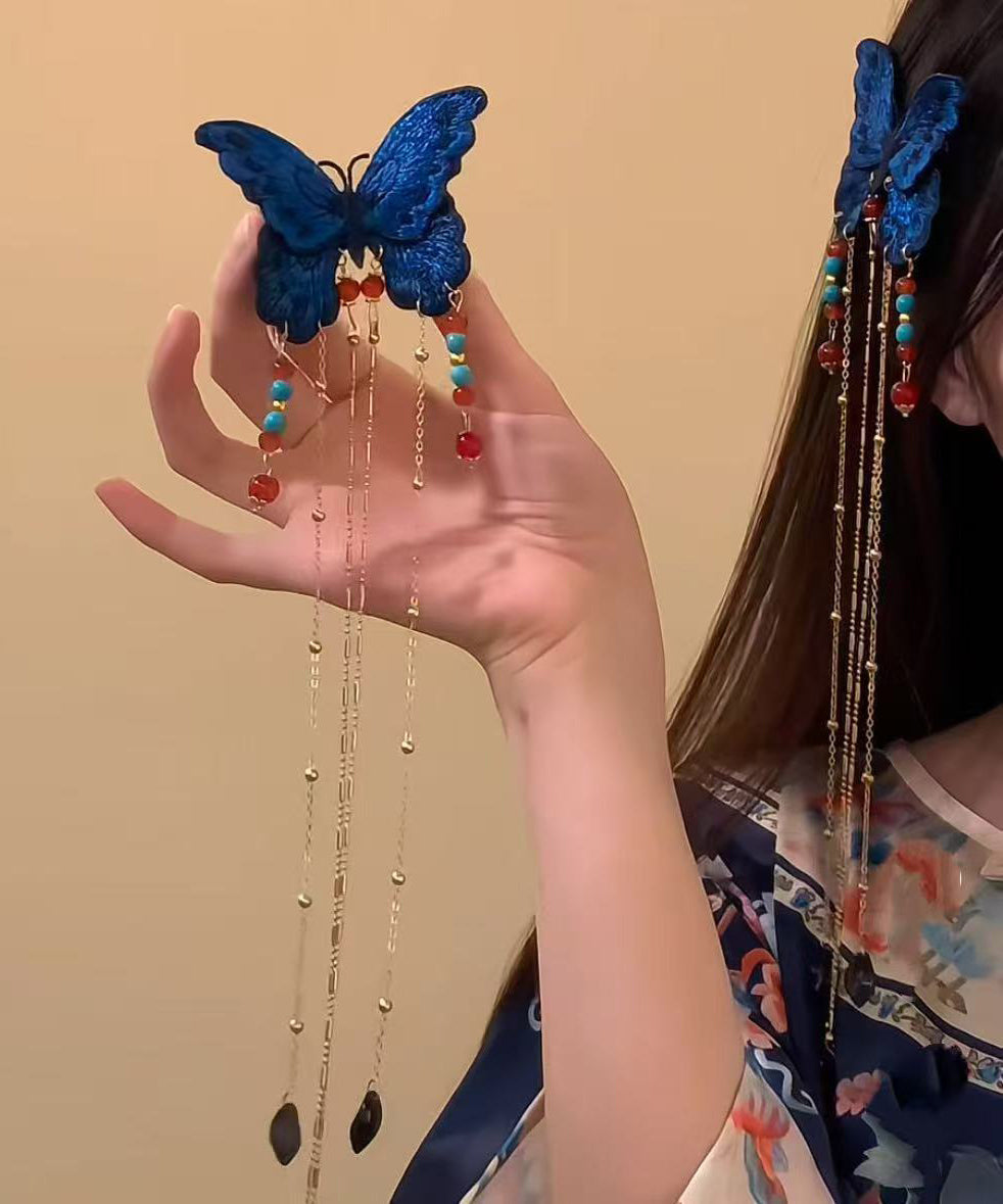 Blue Sterling Silver Overgild Butterfly Tassel Hairpin