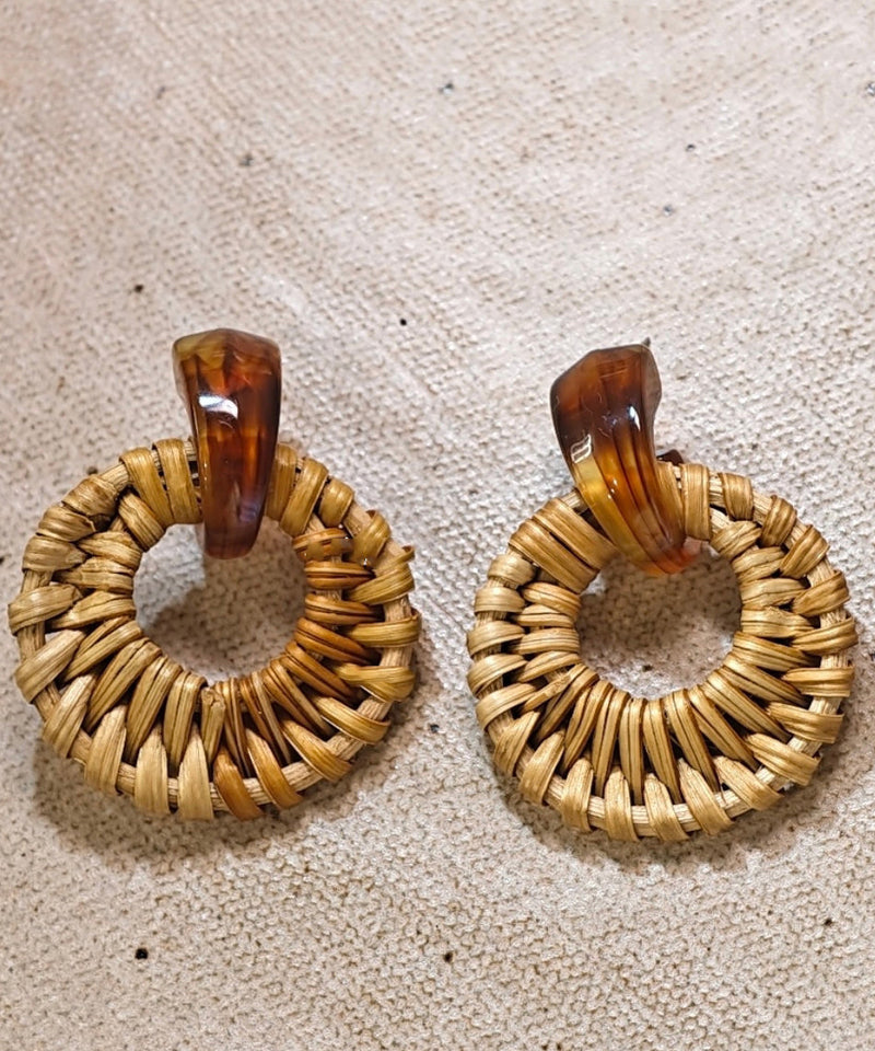 Handmade Yellow Alloy Bamboo Vine Grass Weaving Hoop Earrings