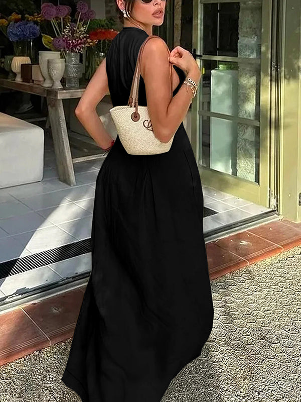 A-line Loose Pleated Pockets Split-joint Zipper Round-neck Maxi Dresses