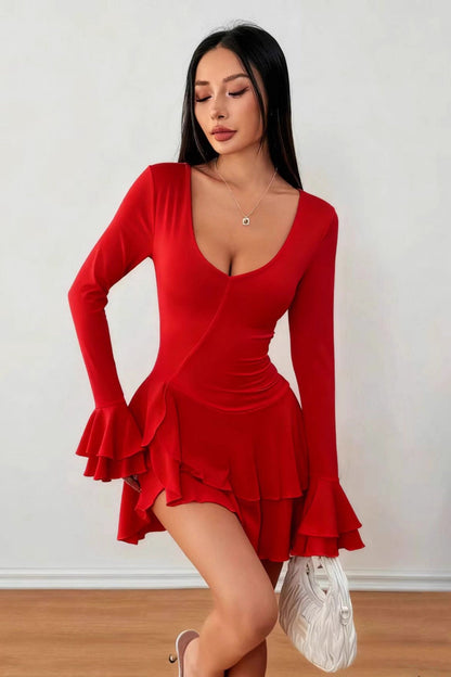 High Waist Slim Fit Color Long Sleeve Mini Dress