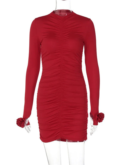 Slim Pleated Mini Dress ’s Long Sleeve High Waist Y2k Dress Female Autumn Clothes Mini Dress