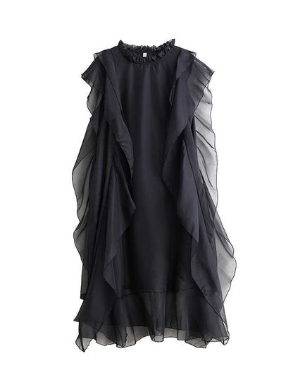 Loose Ruffle Sleeves Falbala Ruffled Color Round-neck Midi Dresses