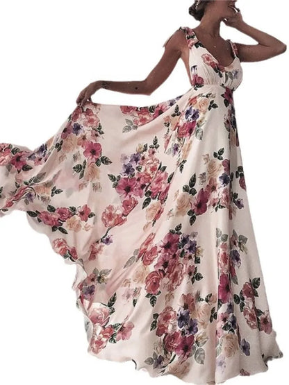 Flower Print Bowknot Leace-up Sleeveless Long Dresses V-neck Backless Evening Party Maxi Dress Spring Summer New