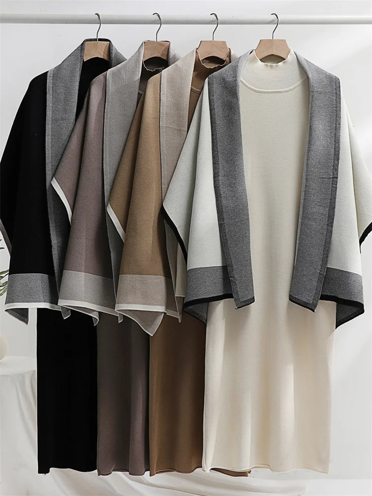 Knit 2 Piece-set Maxi Dress for Loose Patchwork Contrast Shawl Slim Knitwear Dress Outfits