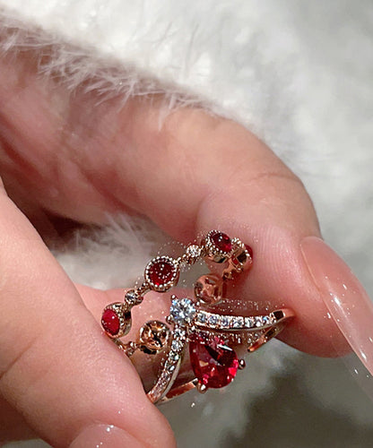 Retro Red Sterling Silver Overgil Zircon Gem Stone Rings Two-piece Set