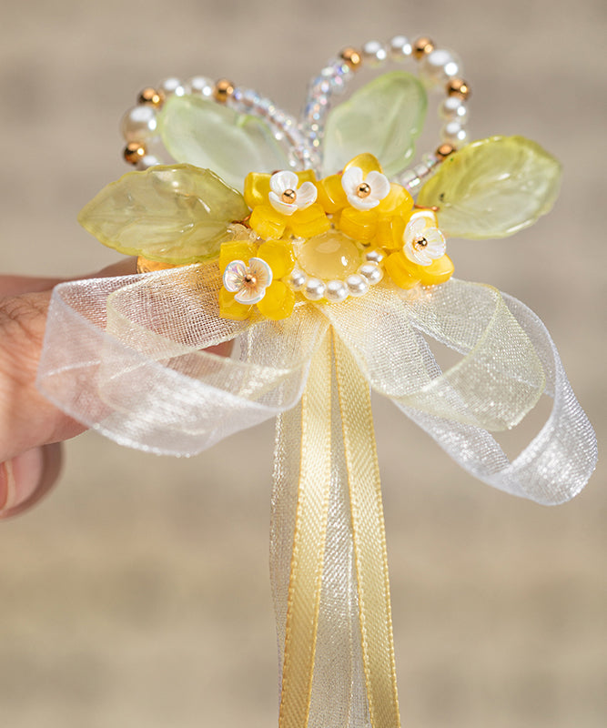 Vogue Yellow Chiffon Ribbon Pearl Colored Glaze Osmanthus Kids a Pair Hairpin