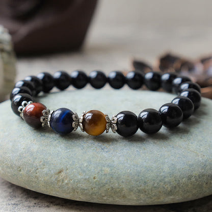 Buddha Stones Natural Black Obsidian Tricolor Tiger Eye Strength Bracelet