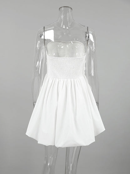 A-line High Waisted Elasticity Pleated Pockets Color Tube Mini Dresses