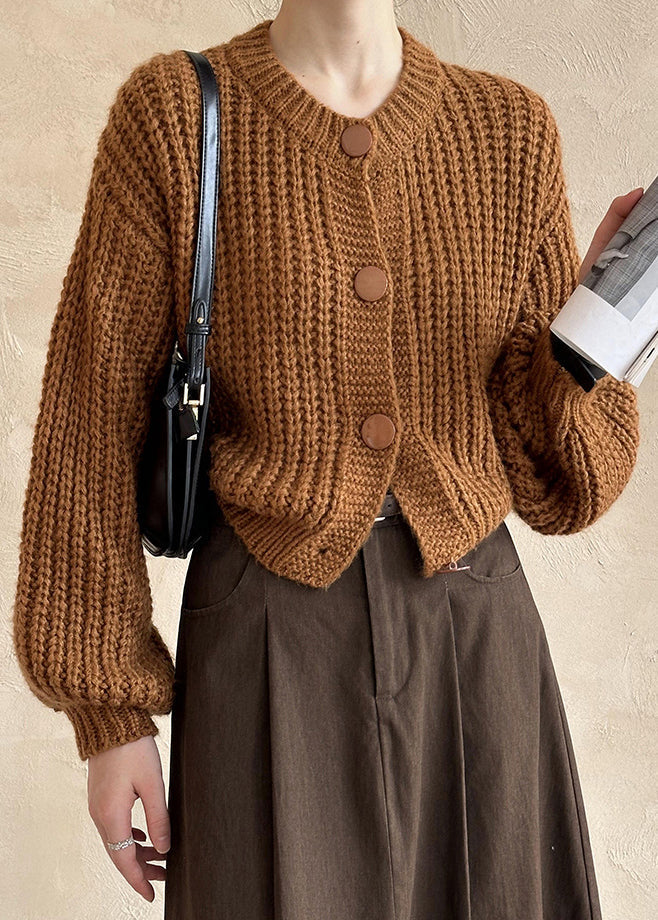 New Brown O Neck Hollow Out Cotton Knit Cardigan Fall Af1014