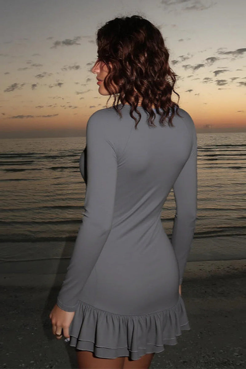 Deep V Long Sleeve Ruffled Slim Bodycon Mini Dress