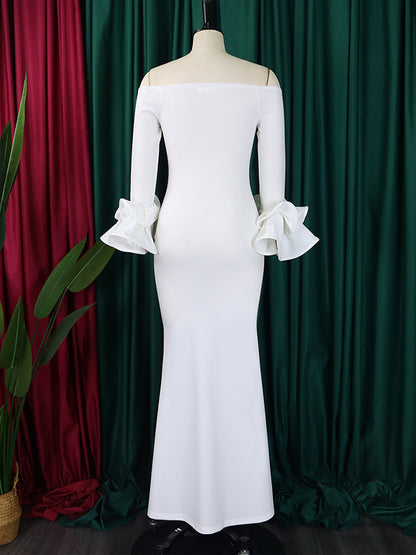 Bodycon Flared Sleeves Falbala Color Split-side Off-the-shoulder Maxi Dresses