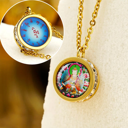 Buddha Stones Tibetan Yellow God of Wealth Green Tara Buddha Serenity Titanium Steel Necklace Pendant