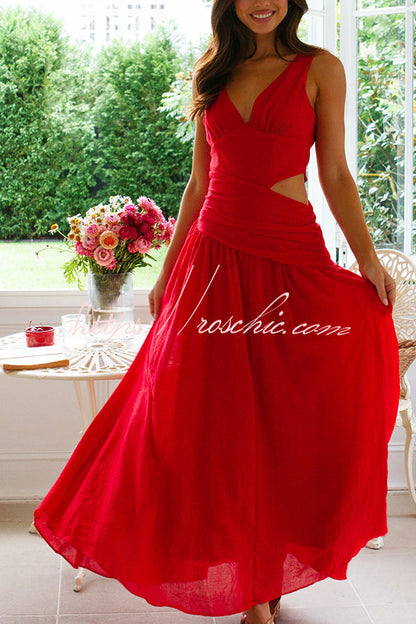 Color V-neck Waist Hollow Slim Maxi Dress