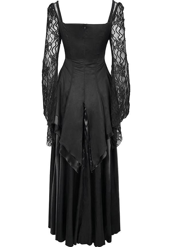 Devil Gothic Victorian Lace Sleeve Maxi Dress - Black With Empire Waist and Beaded Detail