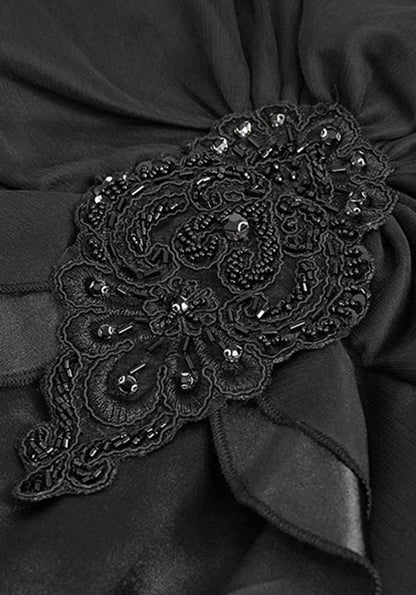 Devil Gothic Victorian Lace Sleeve Maxi Dress - Black With Empire Waist and Beaded Detail
