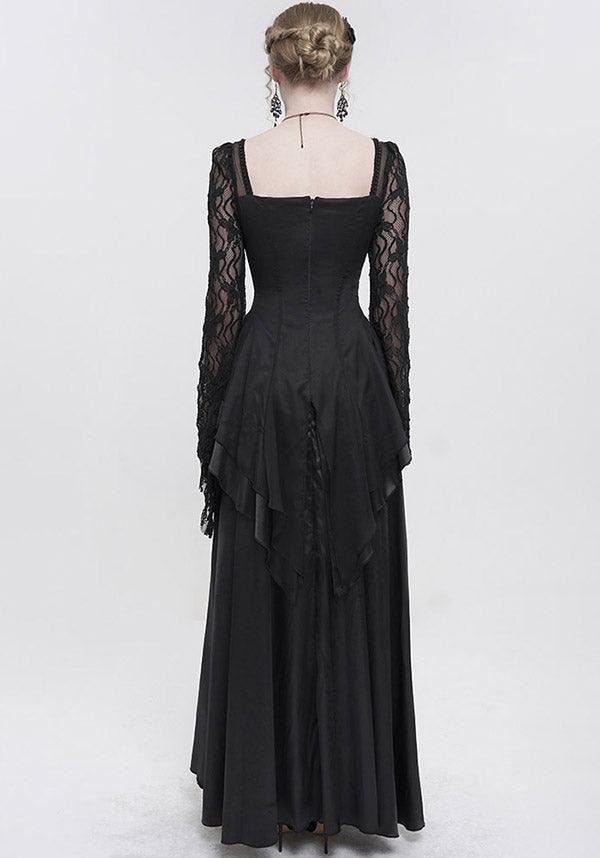 Devil Gothic Victorian Lace Sleeve Maxi Dress - Black With Empire Waist and Beaded Detail