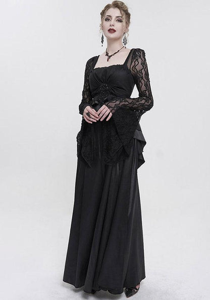 Devil Gothic Victorian Lace Sleeve Maxi Dress - Black With Empire Waist and Beaded Detail
