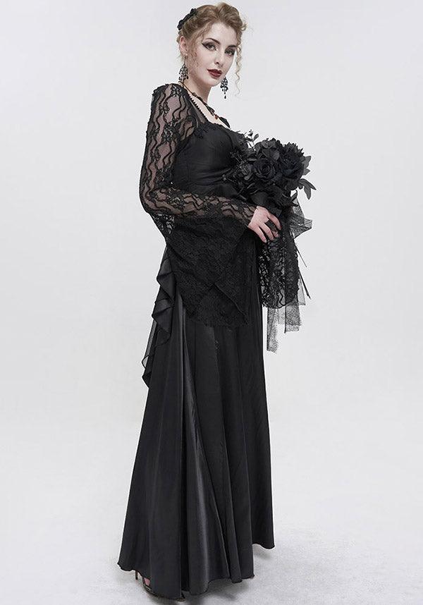 Devil Gothic Victorian Lace Sleeve Maxi Dress - Black With Empire Waist and Beaded Detail