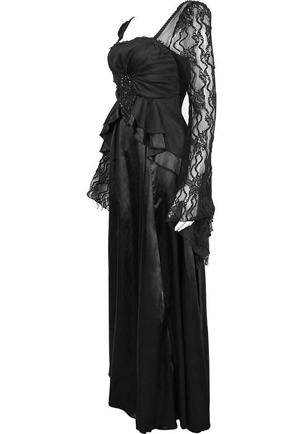 Devil Gothic Victorian Lace Sleeve Maxi Dress - Black With Empire Waist and Beaded Detail