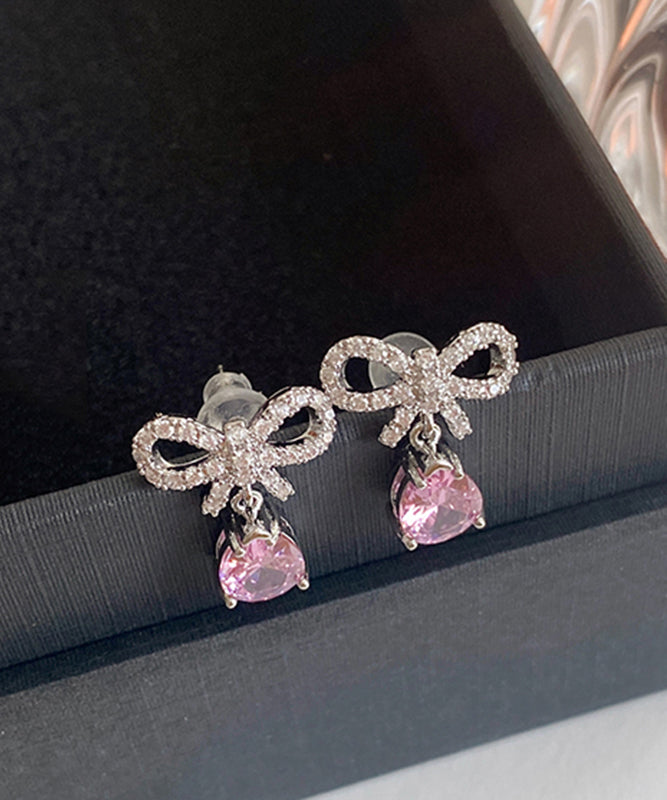 Pink Sterling Silver Zircon Bow Water Drop Stud Earrings