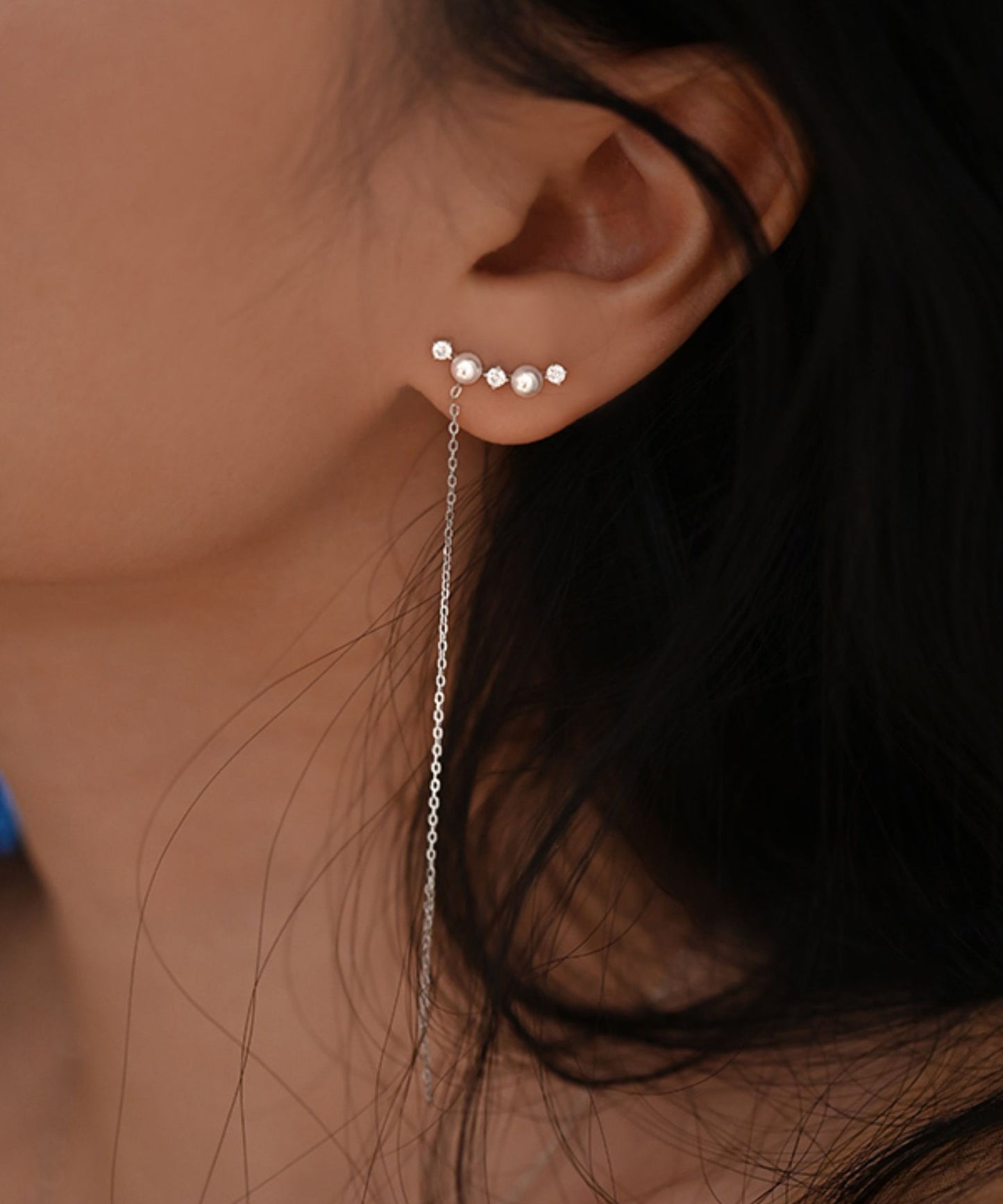New Silver Tassel Pearl Zircon Silver Drop Earrings