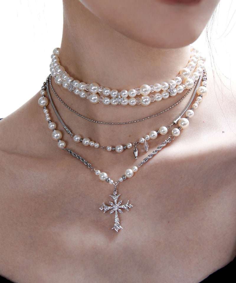 Pearl Cross Two Piece Set Alloy Layering Pendant Necklace