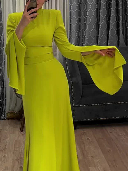 Ruffle Sleeves Skinny Belted Color Round-neck Maxi Dresses