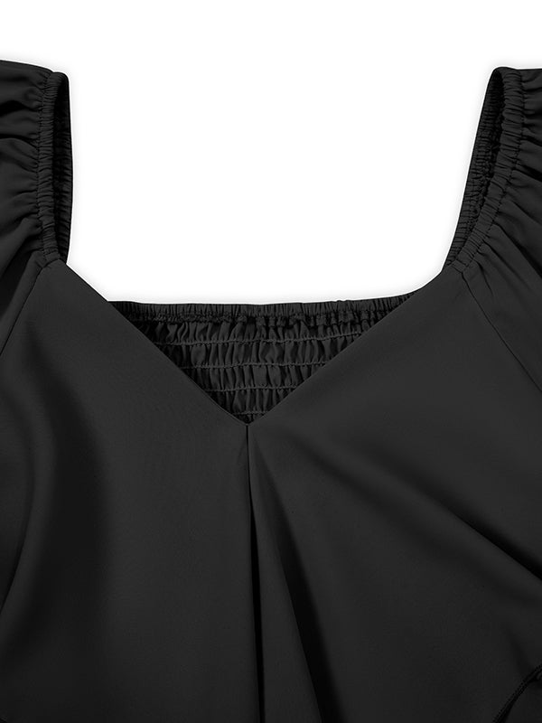 Flared Sleeves Half Sleeves Elasticity Ruffled Color Split-joint Tied Waist V-neck Mini Dresses