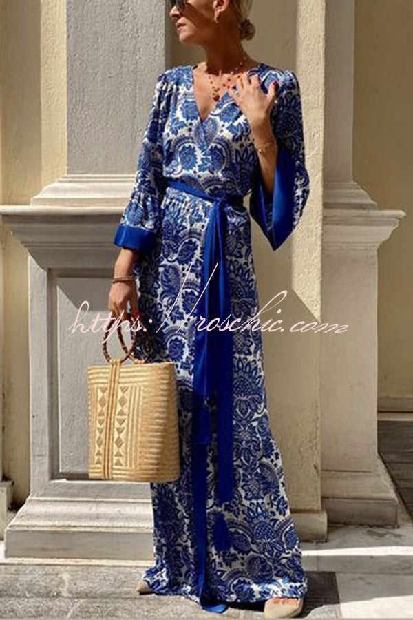 Greek Island Satin Unique Print Tassel Belted Wrap Maxi Dress