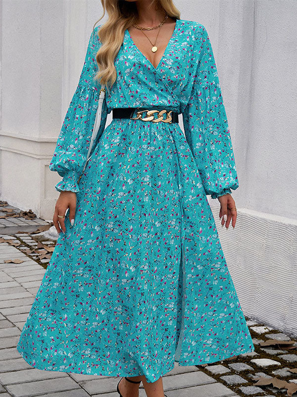 A-line High Waisted Elasticity Flower Print No Belt Split-side V-neck Maxi Dresses