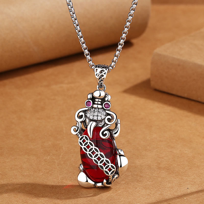 Buddha Stones Pixiu Garnet Copper Coin Wealth Luck Necklace Pendant