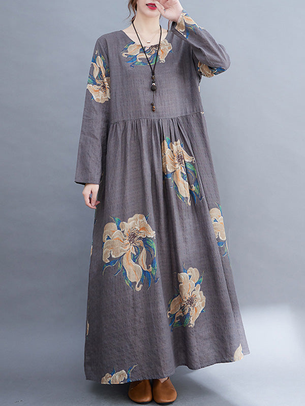 Loose Pleated Flower Printed Round-neck Long Sleeves Maxi Dress