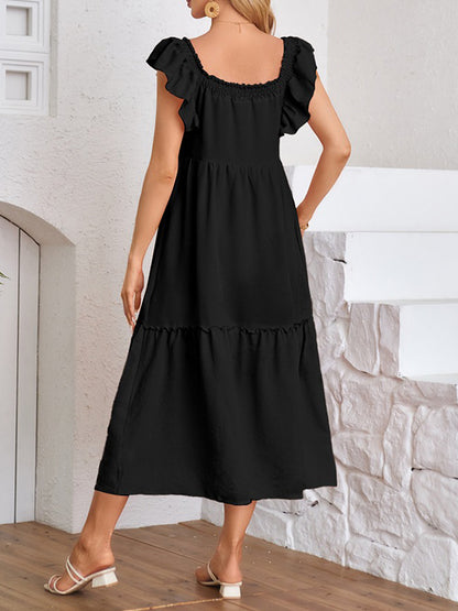 A-line Loose Elasticity Pleated Ruffled Color Split-joint Off-the-shoulder Midi Dresses